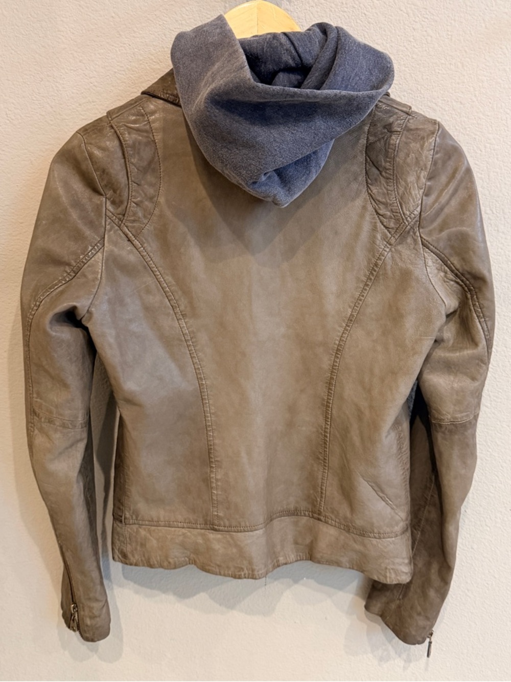 DOMA Leather Moto Jacket Taupe Brown Removable Hood Distressed Moto M - Picture 3 of 9